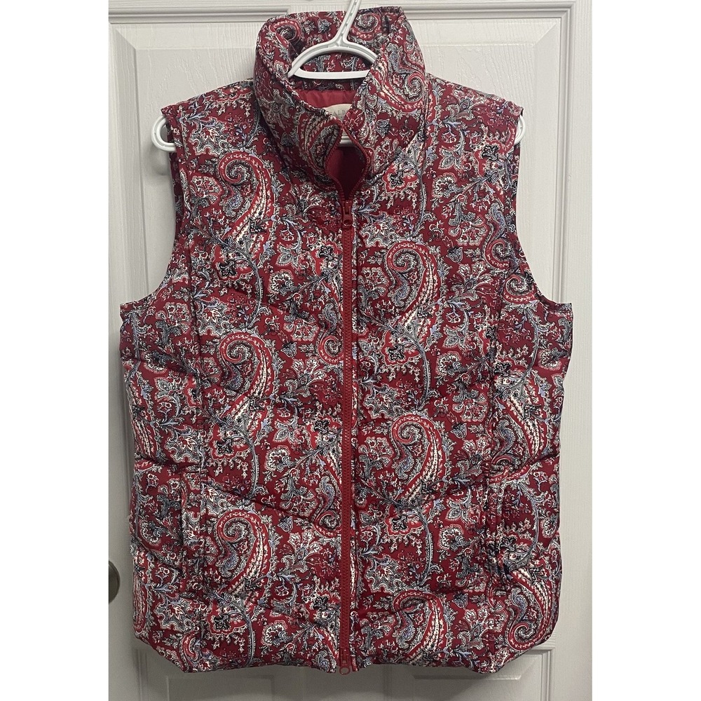Talbots Women Paisley Puffer DOWN Sleeveless Winter Vest Red/Blue/White Sz. M
